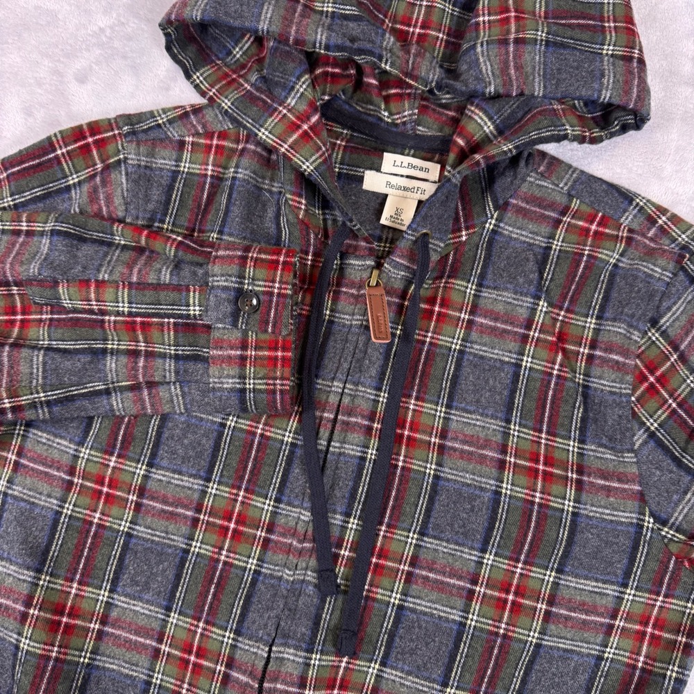 LL Bean Relaxed Fit Plaid Flannel Hooded Half Zip Shirt Women XS Grey Red 502092